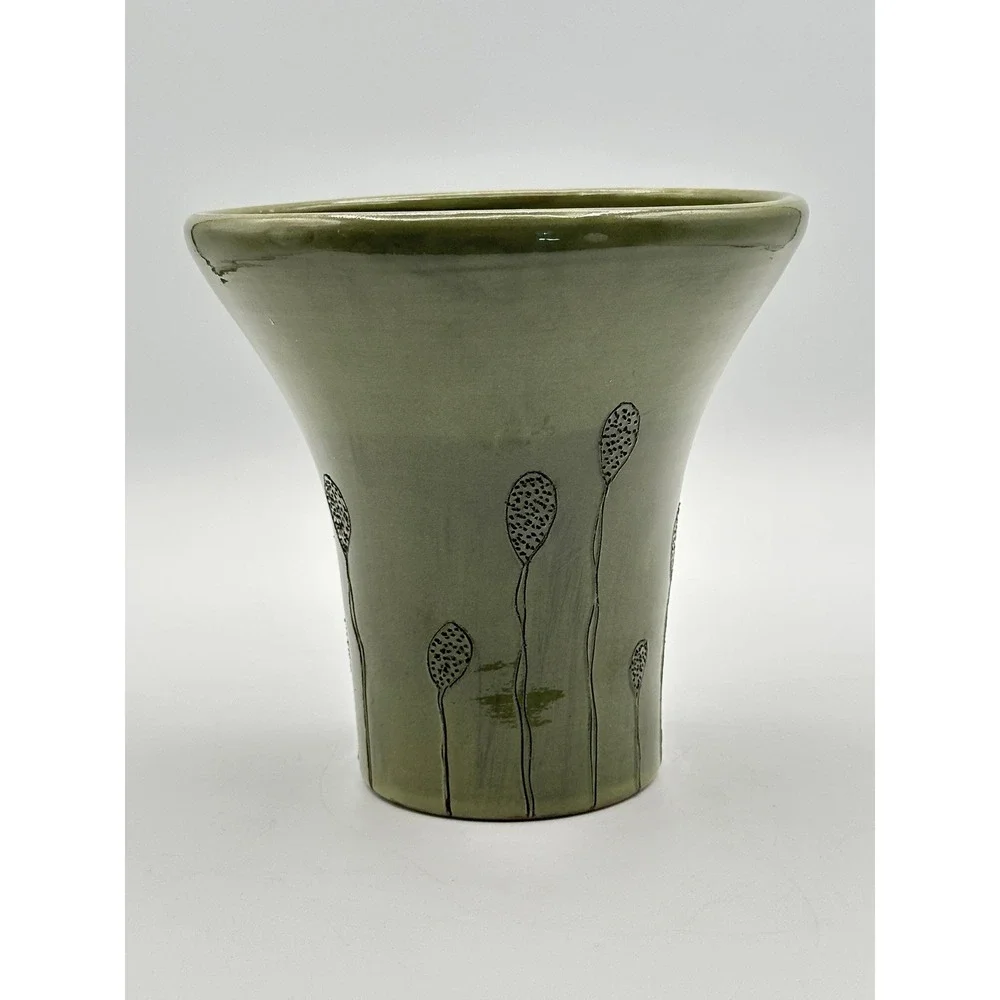 Diana Fayt Synergy Designs Green Pottery Vase Artist Signed Made in Hungary 6in